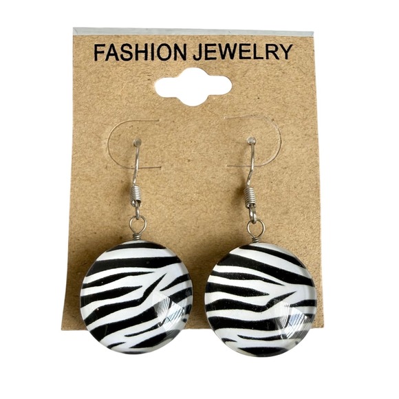 Fashion Jewelry Jewelry - Zebra Print Earrings Women OS‎ Black White Dangle Glass Cabochon Animal